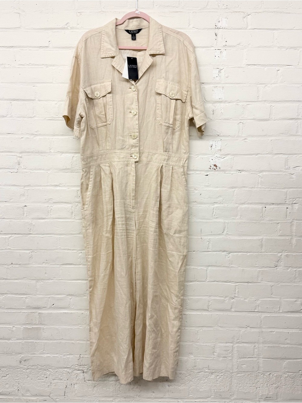 NWT Lauren Ralph Lauren Tan Embroidered Linen Short-Sleeve Jumpsuit Size 16 - Picture 3 of 10